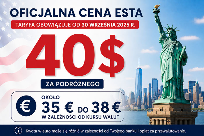Oficjalna cena ESTA USA to 40 dolarów z przeliczeniem na euro