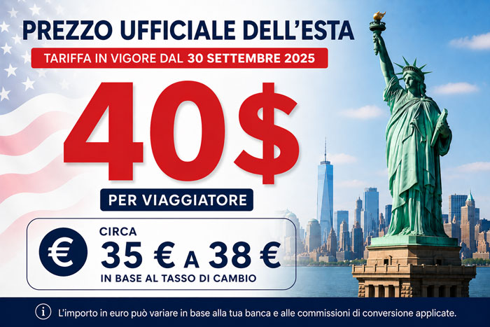 Costo ufficiale ESTA USA a 40 dollari con conversione in euro