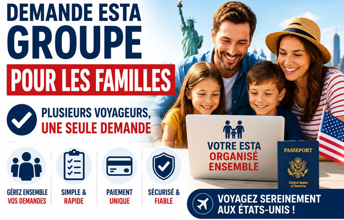 Famille préparant une demande ESTA groupée pour voyager ensemble aux États-Unis.