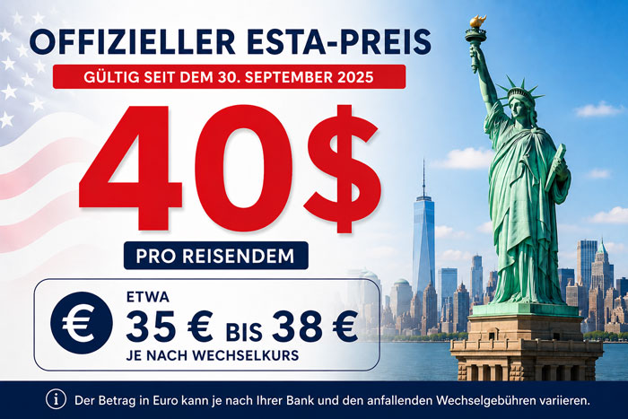 Offizielle ESTA USA Kosten bei 40 Dollar mit Umrechnung in Euro
