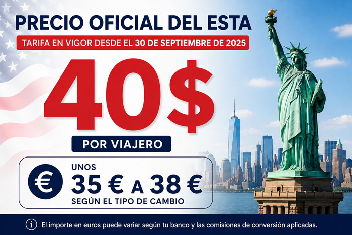 Precio oficial del ESTA para EE. UU. a 40 dólares con conversión a euros