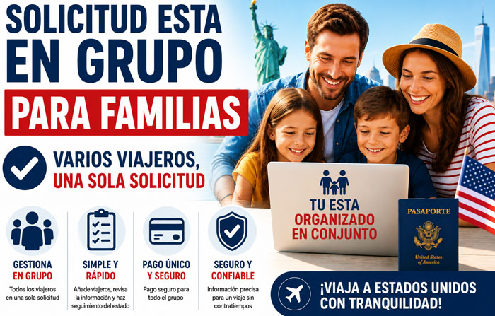 Familia preparando una solicitud ESTA grupal para viajar juntos a Estados Unidos.