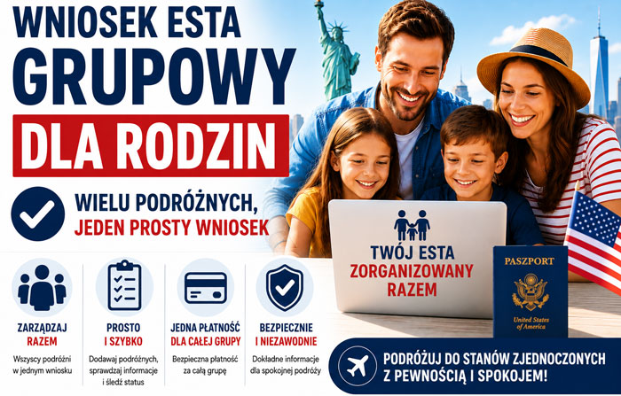 Rodzina przygotowująca grupowy wniosek ESTA, aby wspólnie podróżować do Stanów Zjednoczonych.